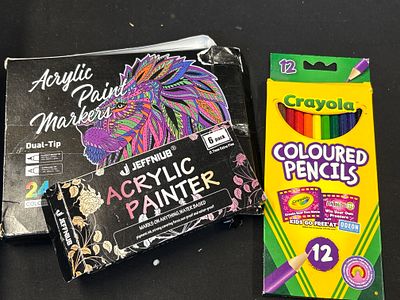 A Trio of Art and Craft Supply Sets Including Acrylic Paint Markers and Crayola Coloured Pencils
