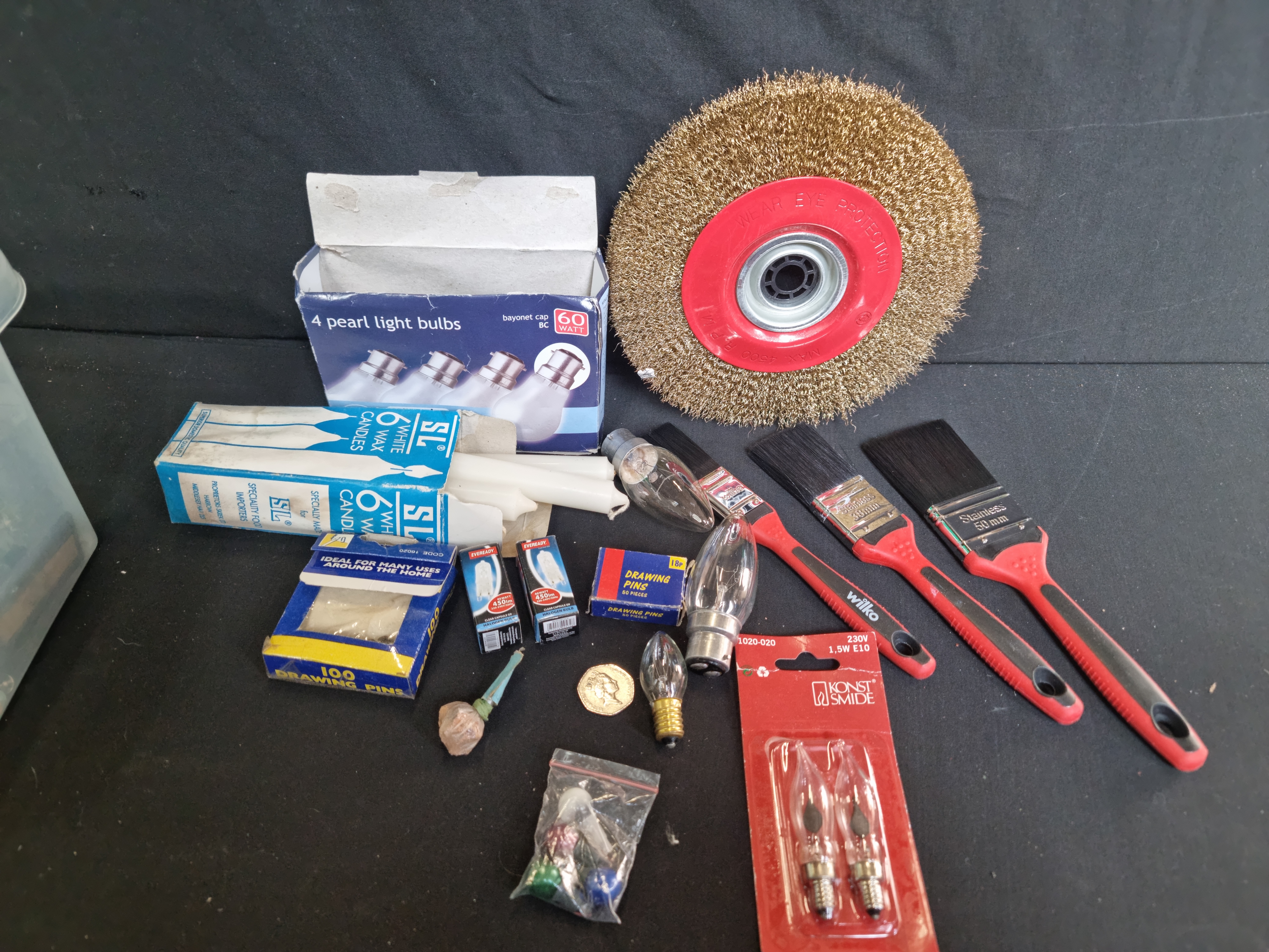 An Assortment of Household Sundries, DIY Tools, and Light Bulbs including Wilko and Konst Smide