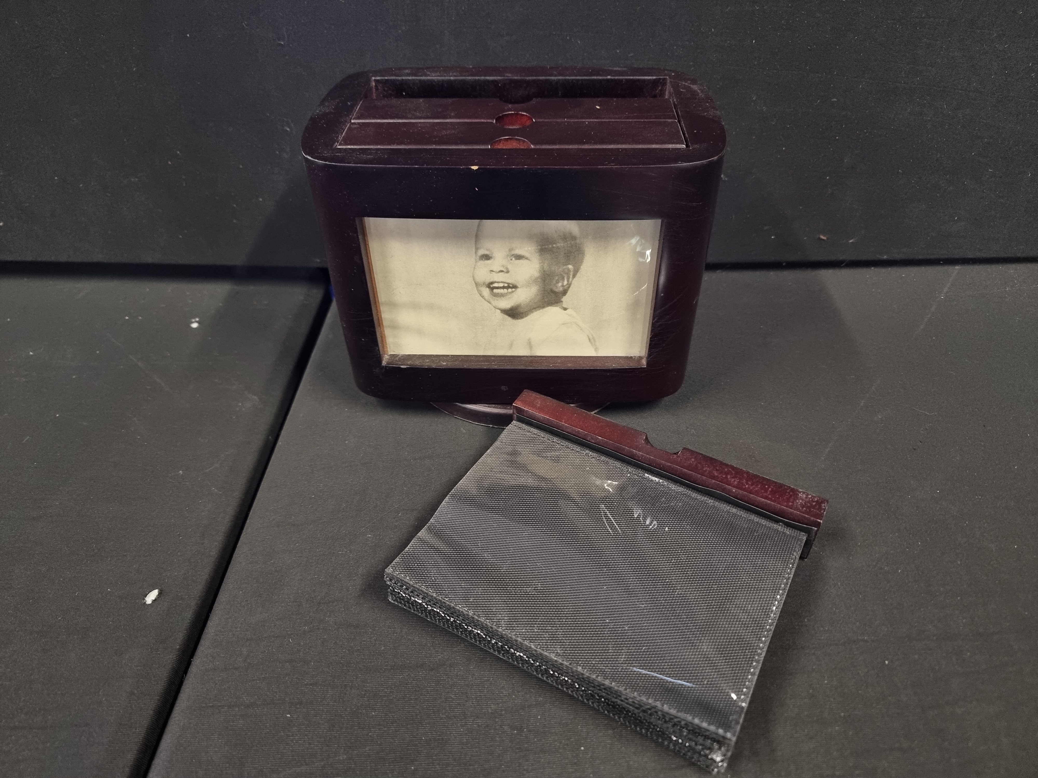Rotating Stained Wood Desktop Photo Album and Frame