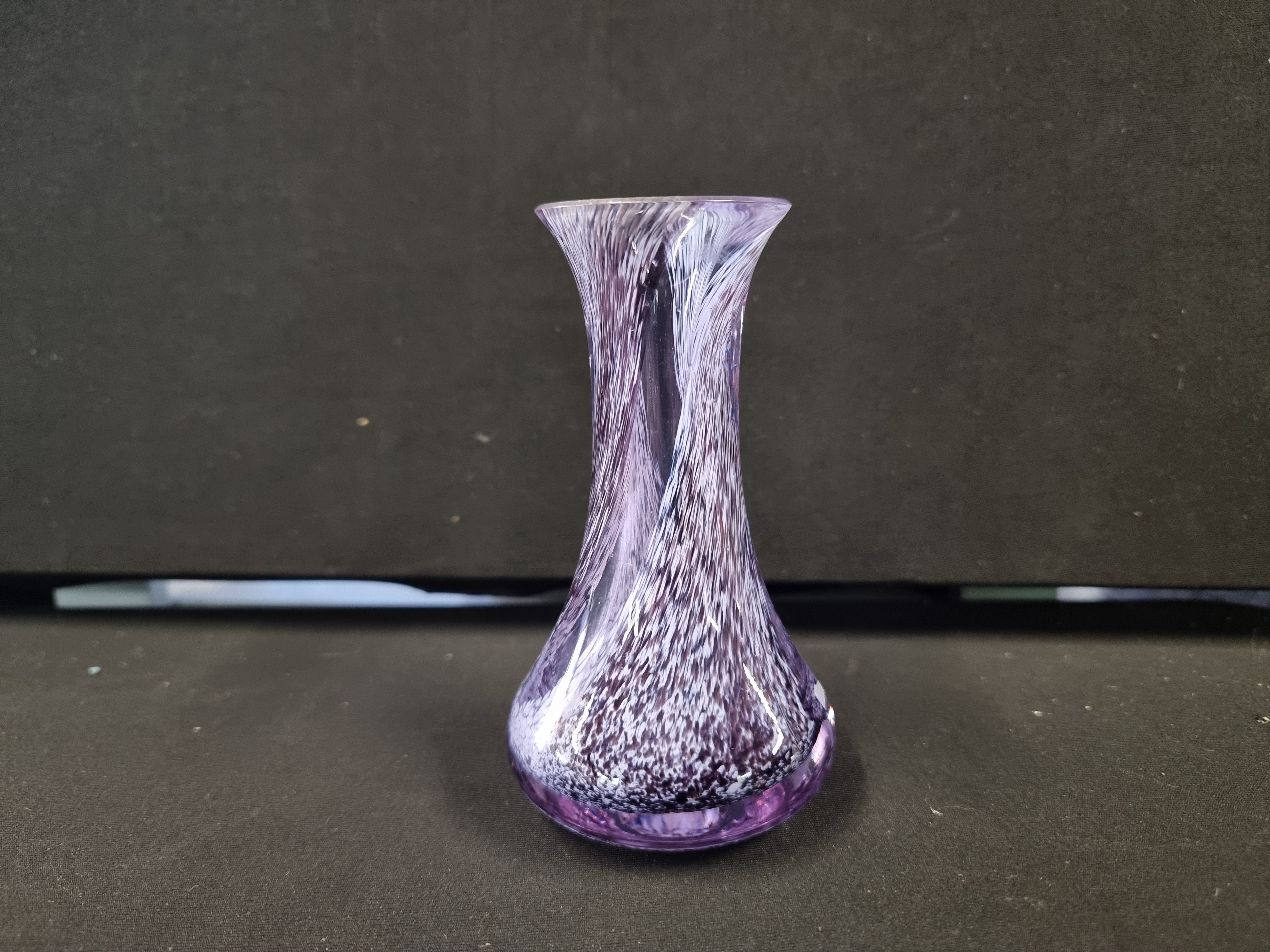 Hand Blown Purple and White Spatter Glass Bud Vase