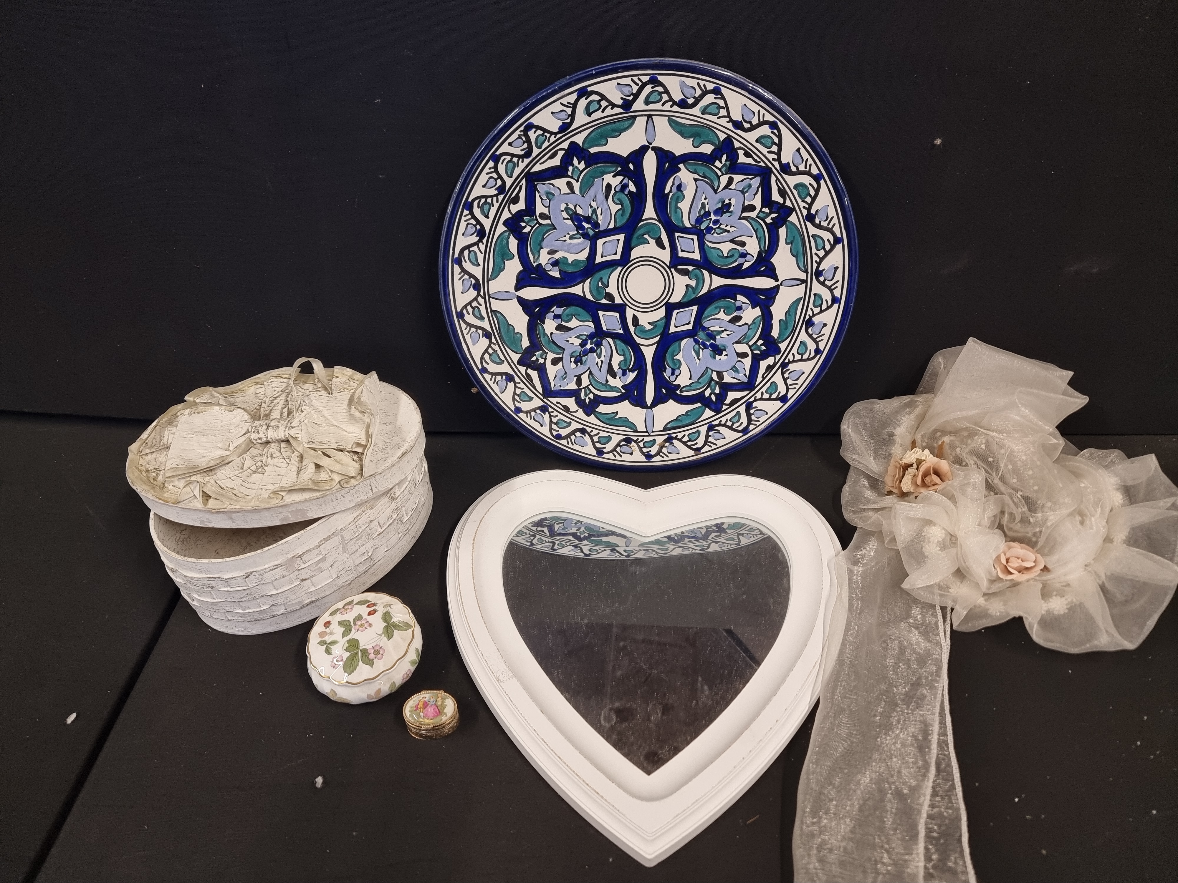 An Assortment of Decorative Home Items Including Wedgwood Bone China and A Heart Shaped Wall Mirror