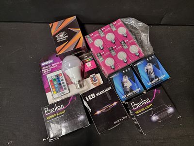 An Assortment of Automotive and Domestic LED, Xenon, and Filament Light Bulbs