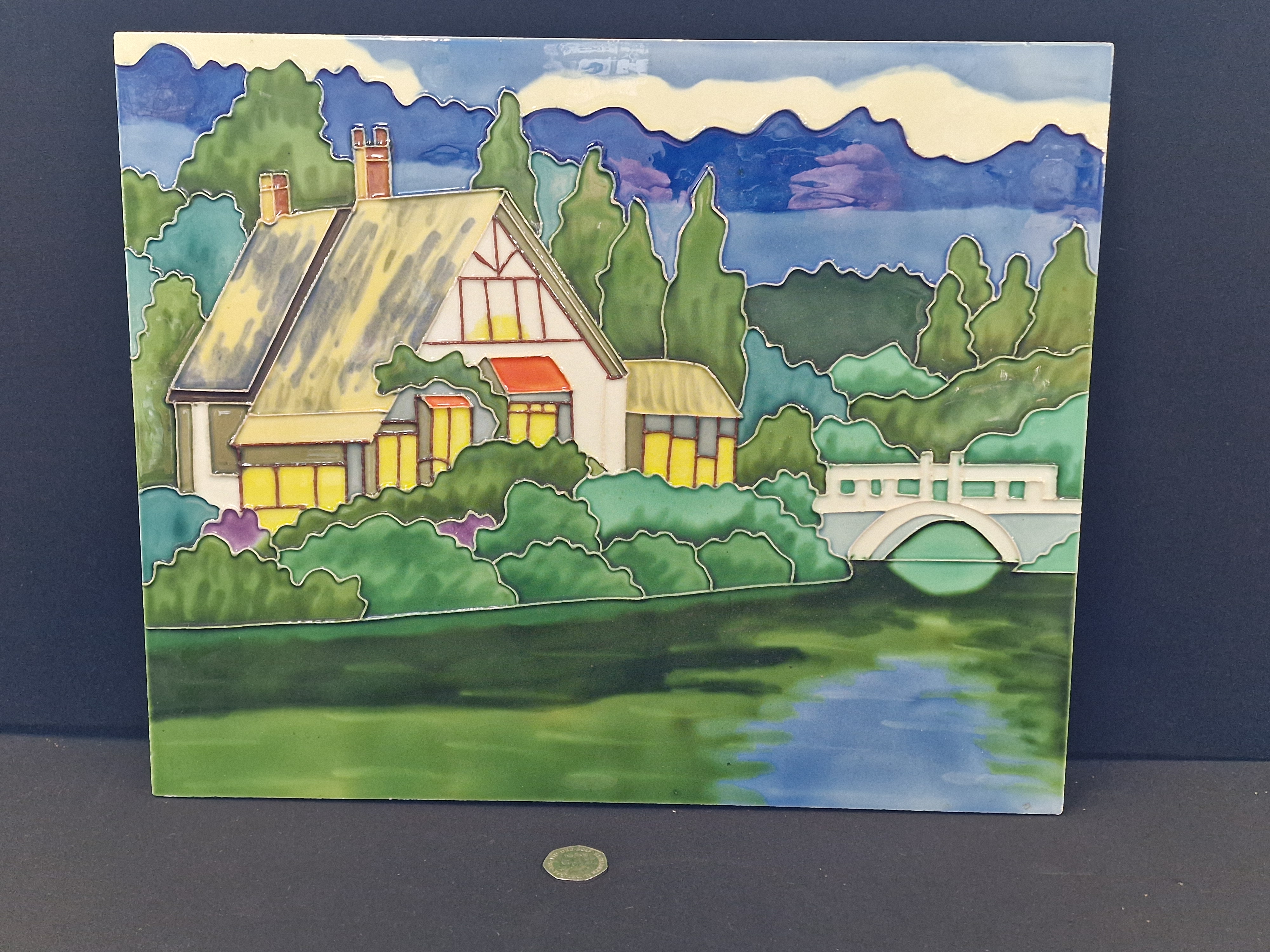 Large Tube-lined Rectangular Earthenware Landscape Tile