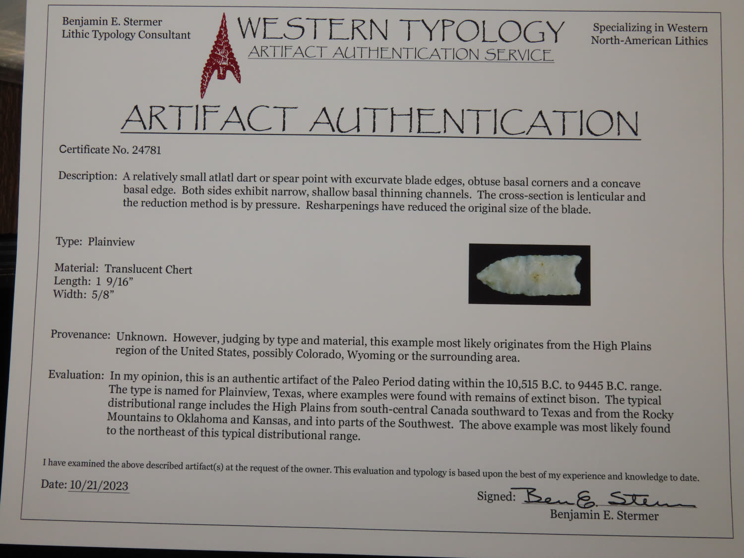 Lot 131 1 9/16" Plainview, Stermer COA, Nice Translucent Chert