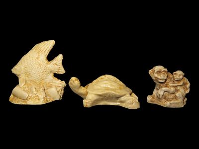 Group of 3 molded bone figurines. Largest is 2 1/2".Auctioning as Authentic & Unaltered
