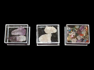 Group of 3 mineral boxes. Amethyst, Quartz & Polished Gemstone Tumbles. 1 1/2".Auctioning as 