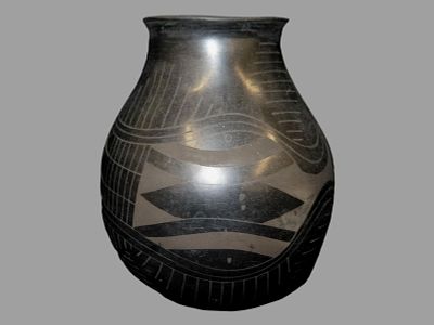 Black on Black Native American Pottery Vessel, 7.1/4" Tall, No Signature, Solid