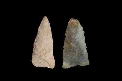Lot of 2 Archaic Triangle Pts, found by Adam Sisler & Family in Keokuk Co., Iowa