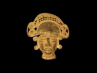 2" x 1 5/8" Pre Columbian Tairona Tumbaga Maskette Figurine Pendant Made From Gold/Copper Alloy