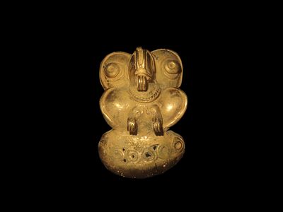 2 1/8" x 1 1/4" Pre Columbian Tairona Tumbaga Flying Parrot Figurine Pendant Made from 