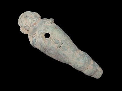 7" x 2 1/4" Pre Columbian Moche Copper Vessel Idol Effigy Of A Chubby Man, With Penis Possible 