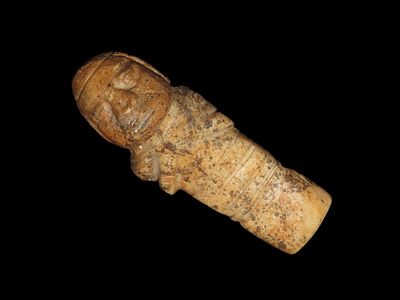 3 3/8" x 1 3/16" Human Effigy Talisman/Idol/Fetish/Spear Finial, made of Bone, Motley COA 