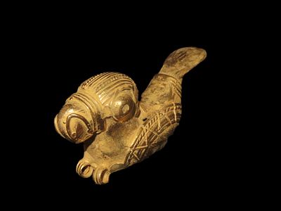 2 1/4" x 1 1/4" Pre Columbian Tairona Tumbaga Swimming Parrot Figurine Pendant Made From 