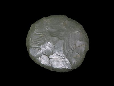 2 7/8" Extremely Rare African Neolithic Tenerian Culture Green Jasper Sun Disc/Game Flint 