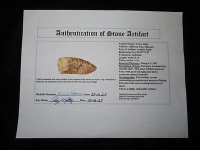 3 3/8" x 1 9/16" Archaic Knife, Motley COA, found in Osage Co., Missouri, Ex Terry Allen Collection