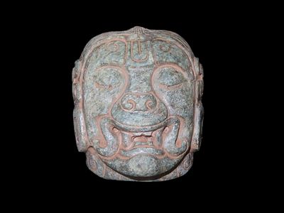 3 3/8" Olmec Jaguar Transformation Mask, Mexico, Motley COA, Beautiful Green Jadeite, Nice Polish