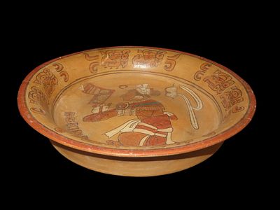 12 3/4" Pre-Columbian Mayan Style Pictorial Bowl, Solid w/Pressure Crack, Mexico, #RK-P78