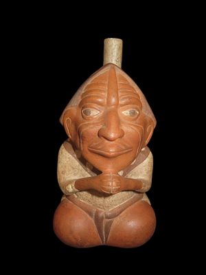 9 1/4" Tall Pre-Columbian Moche Style Human Effigy Stirrup Bottle, Solid, Peru, #RK-P88