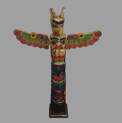 39 1/4" Tall Northwest Coast Style Wooden Totem Pole