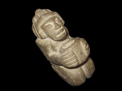7 1/2" Olmec Human Effigy Statue, Mexico, Motley COA, Greenstone Figure Holding an Offering Vessel