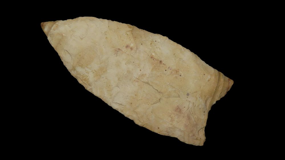 2 3/4" x 1 1/4" Dalton, Found in Lee Co. Iowa, Very nice point with ground base. Ex. Herb 