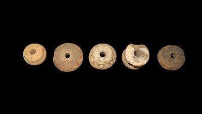 Grouping of 5. Set of Pre Columbian Effigy Pottery Beads from Belize.