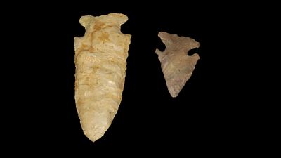 Lot of 2 Arrowheads, Largest 4 1/2", Archaic points and both have RESTORATION