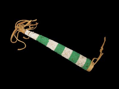 Nice Historic Beaded Awl Case, Great old example! Beautiful Green & White Beads!