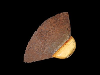 Incredible 8 1/4" Alaskan Ulu Knife with Original Fossilized Bone Handle. Ex Roy Motley 