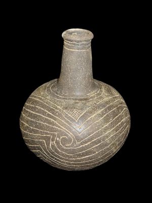 Exceptional Caddo Taylor Engraved Pottery Water Bottle, Arkansas. Ex Daniel Wolf Collection. 