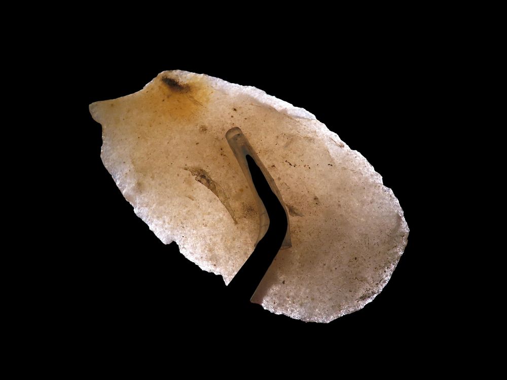 2 3/4" Hixton Early Ovoid with a Needle Tip, Walworth Co. Wisconsin. Nicely flaked andvery thin 