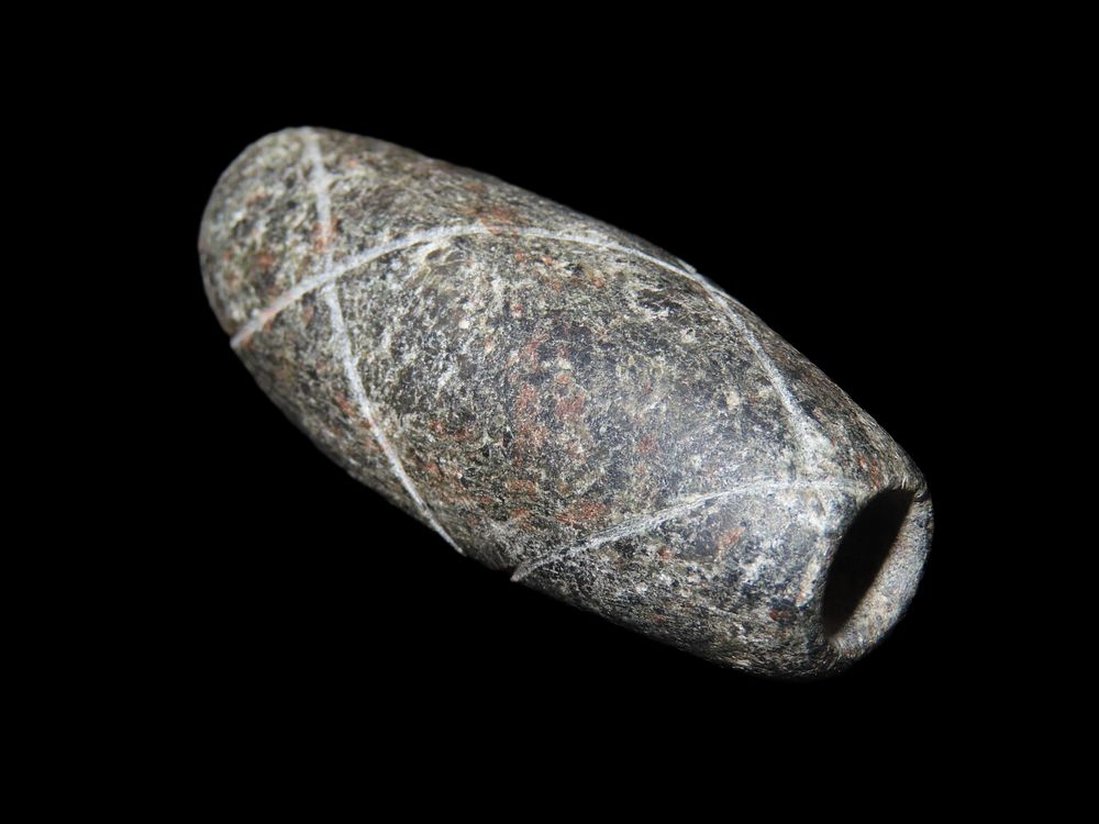 1 7/8" Engraved Stone Tube Bead, Tennessee. Nice large Drilled Tube bead. Nicely shaped and 