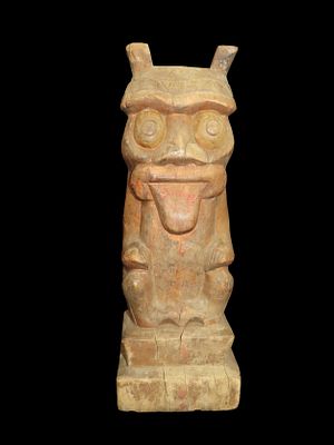 Old 13" Tall Hand Carved Northwest Coast Totem Pole, Great age & patina. Has Remnants of red 