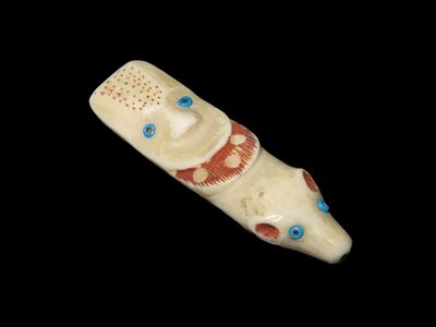 Amazing Northwest Coast Carved Bone Totem Effigy Pendant, Human & Bear effigies Intricately 