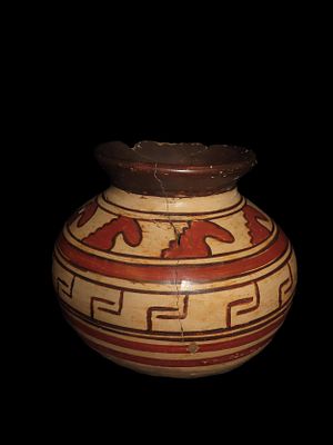 7 1/4" Southwestern Indian Polychrome Pottery Bottle with Horses & Geometric designs. Possibly 