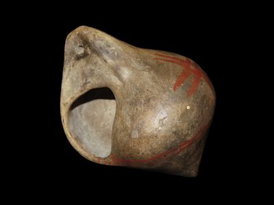 Incredible Pre-Columbian Shell Effigy Pottery Pendant with Original Hand Painted Warriors. Two 