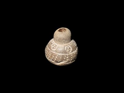 Heavily Engraved Clay Bead, Mexico. Elaborate Incised Design all the way around, Perforation in 