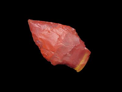 Colorful Translucent Red & Yellow Agatized Petrified Wood Arrowhead found in Yuma County 