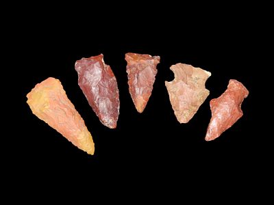 Lot of 5 Colorful Woodland and Archaic Arrowheads, Alabama