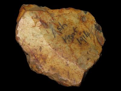 2 1/2" x 2" x 5/8" Clactonian Worked Implement. Found at North Downs at Ash, Kent, England, Ex 