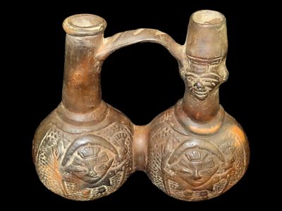 7 1/4" x 6 3/4" Early Pre-Columbian Mochica Greyware Figural Stirrup Vessel, Moche Pre-Inca 