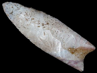 4 5/16" x 1 3/8" Clovis. Kane Co. Illinois, found along the Fox River on 12-26-1975. Ex Ritter.
