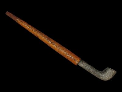 11 1/2” x 1 3/8” Peace Pipe, Steatite Pipe with a Wood Stem with Leather Wrapping, Eastern 