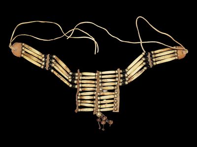 13 1/2” Native American Hair Pipe Choker, Leather, Brass and Glass Beads, Bone Pipe Beads