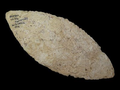 5 7/8” x 2 3/8” Early Ovoid Knife, Burlington Chert, Morgan Co., Illinois, Ex. Dr. Dean Cross 