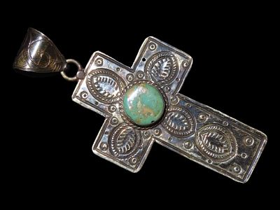 3 3/4” x 1 7/8” Native American Silvertone and Turquoise Cross Pendant