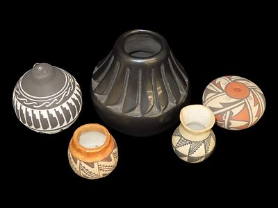 Lot of 6 Pieces, One Christmas Ornament and 5 Miniature Southwest Pots, Signed on Bottom