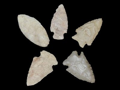 Grouping of 5 Arrowheads, Woodland or Archaic Pts., Central Illinois