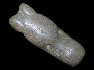 2 1/4” x 3/4” Pre-Columbian Mayan Jaguar Head Pendant, Jade, 2000 BC - 900 AD