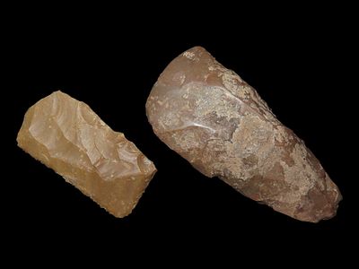 Sickle Blade and Flint Axe, Both from Egypt, Circa 4000 BC, Fayum Oasis, Egypt, Ex. Henry Dewey 